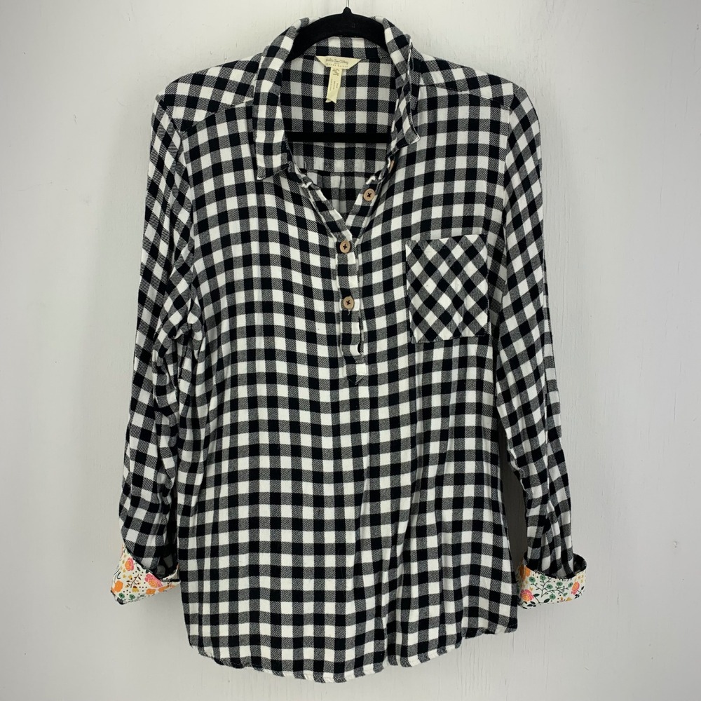 Matilda Jane Joanna Gaines Gingham Henley Shirt Black White Floral Cuffs XL